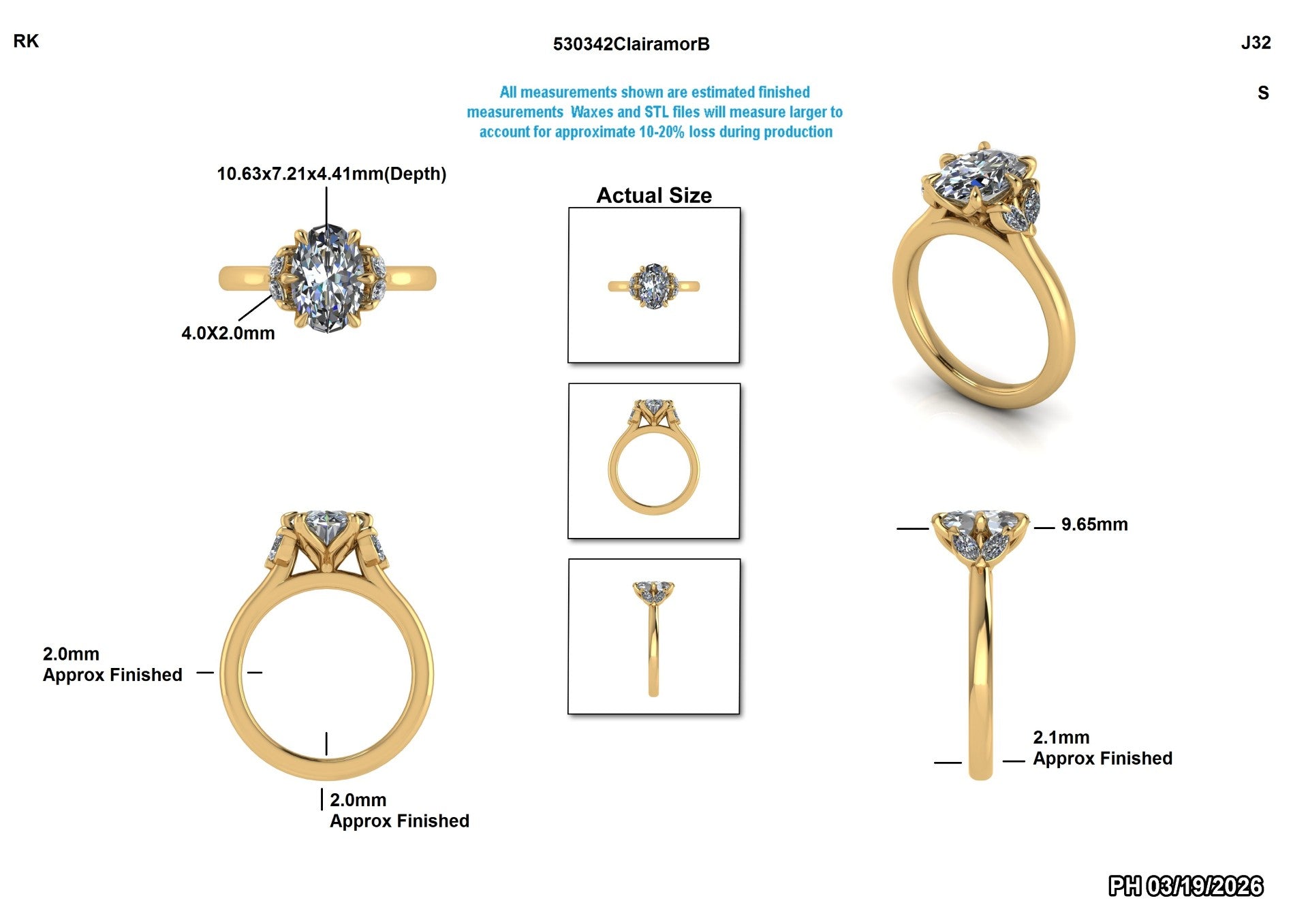 Lab-grown diamond engagement ring in yellow gold with oval center stone and side accents, detailed measurements shown