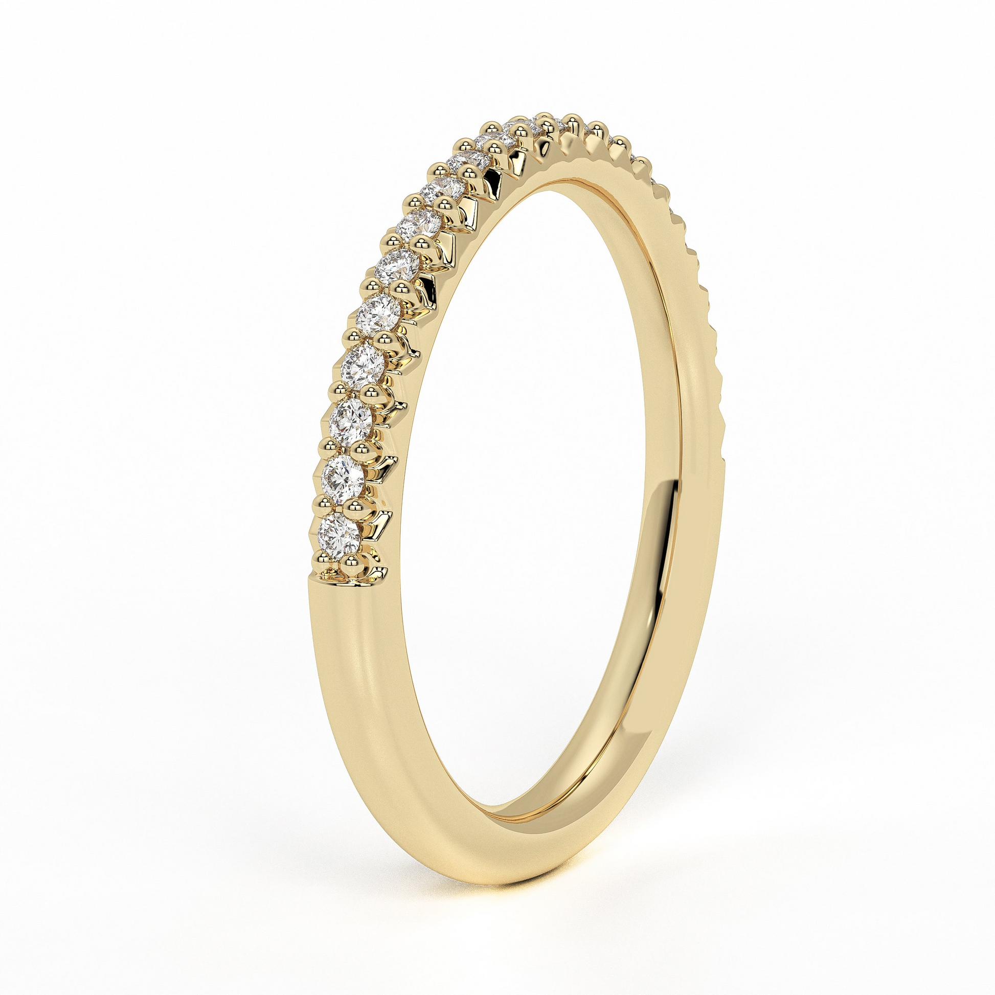 Yellow gold eternity band with lab-grown diamonds in bezel setting, ethical and sustainable design