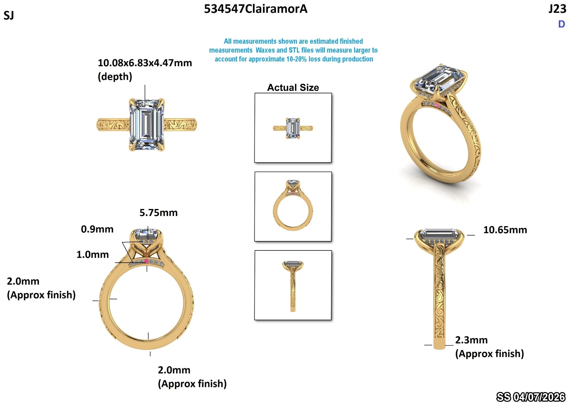 Elegant emerald cut lab-grown diamond engagement ring with detailed measurements and gold band design