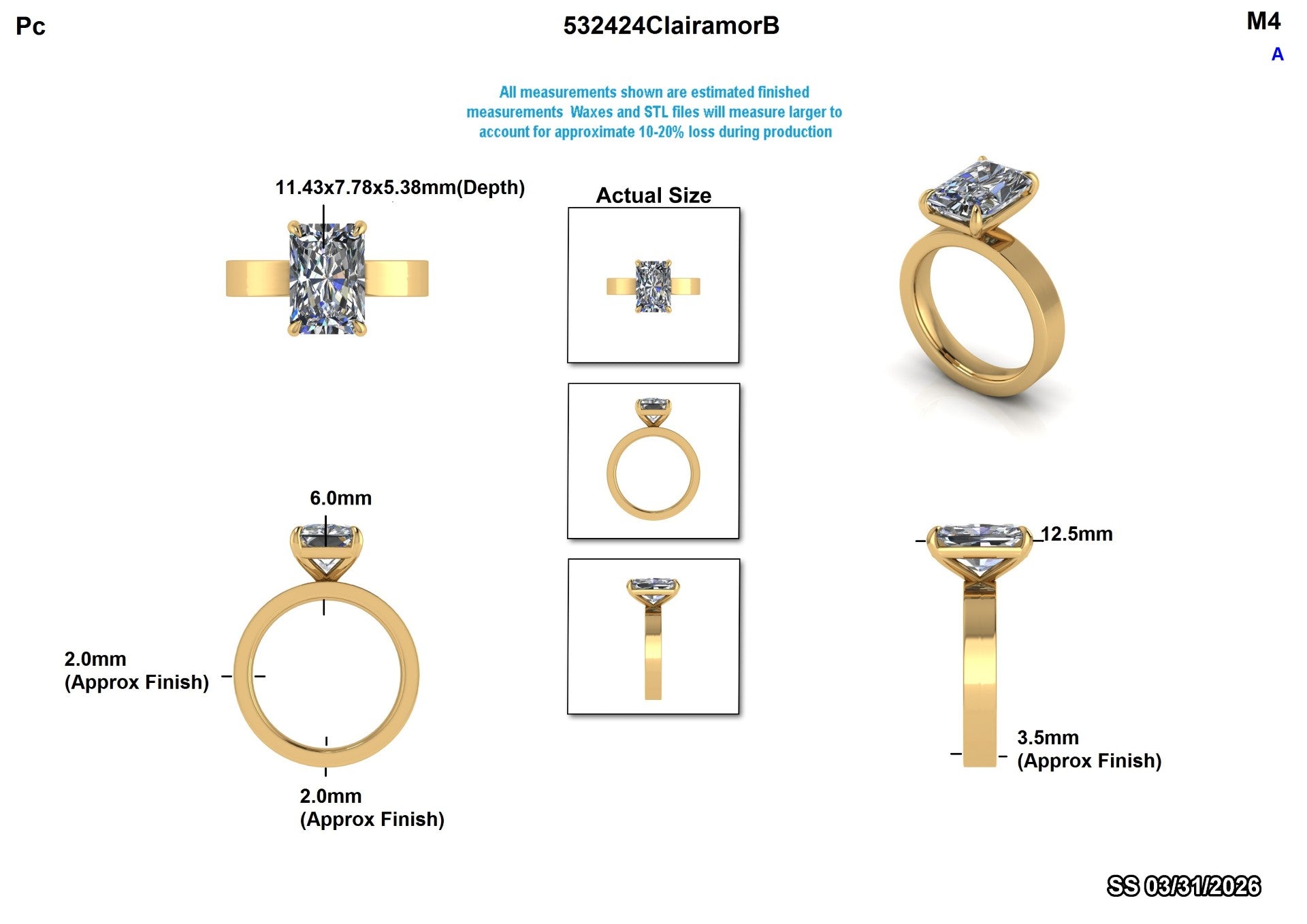 Lab-grown diamond engagement ring in yellow gold, featuring radiant cut stone with detailed measurements and actual size views