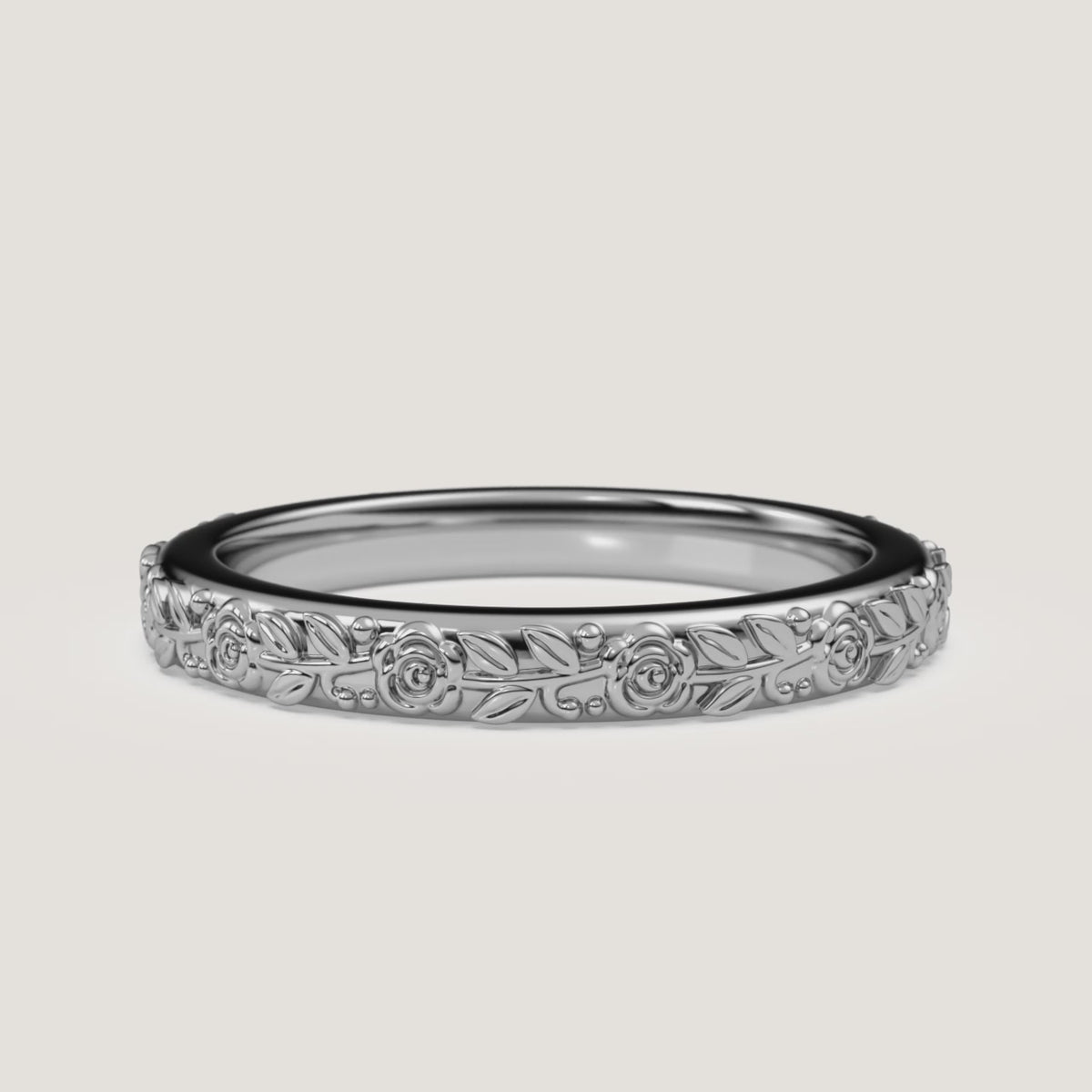 Sculpted Floral Wedding Band in 14k White Gold (360° video)