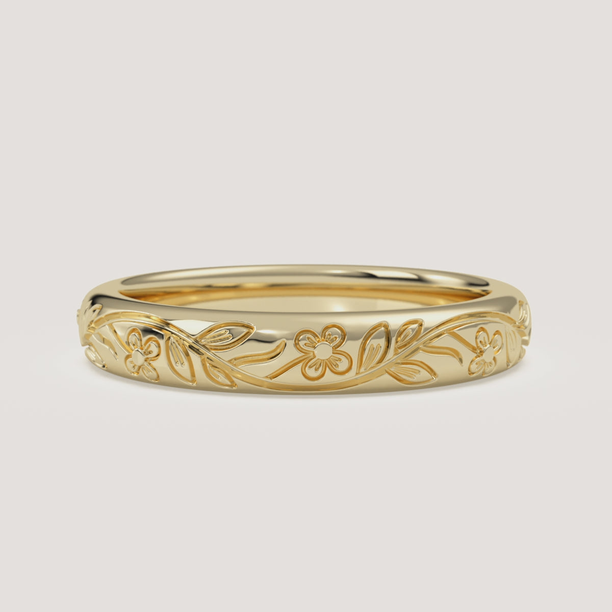 Floral Engraved Wedding Band in 14k Yellow Gold (360° video)