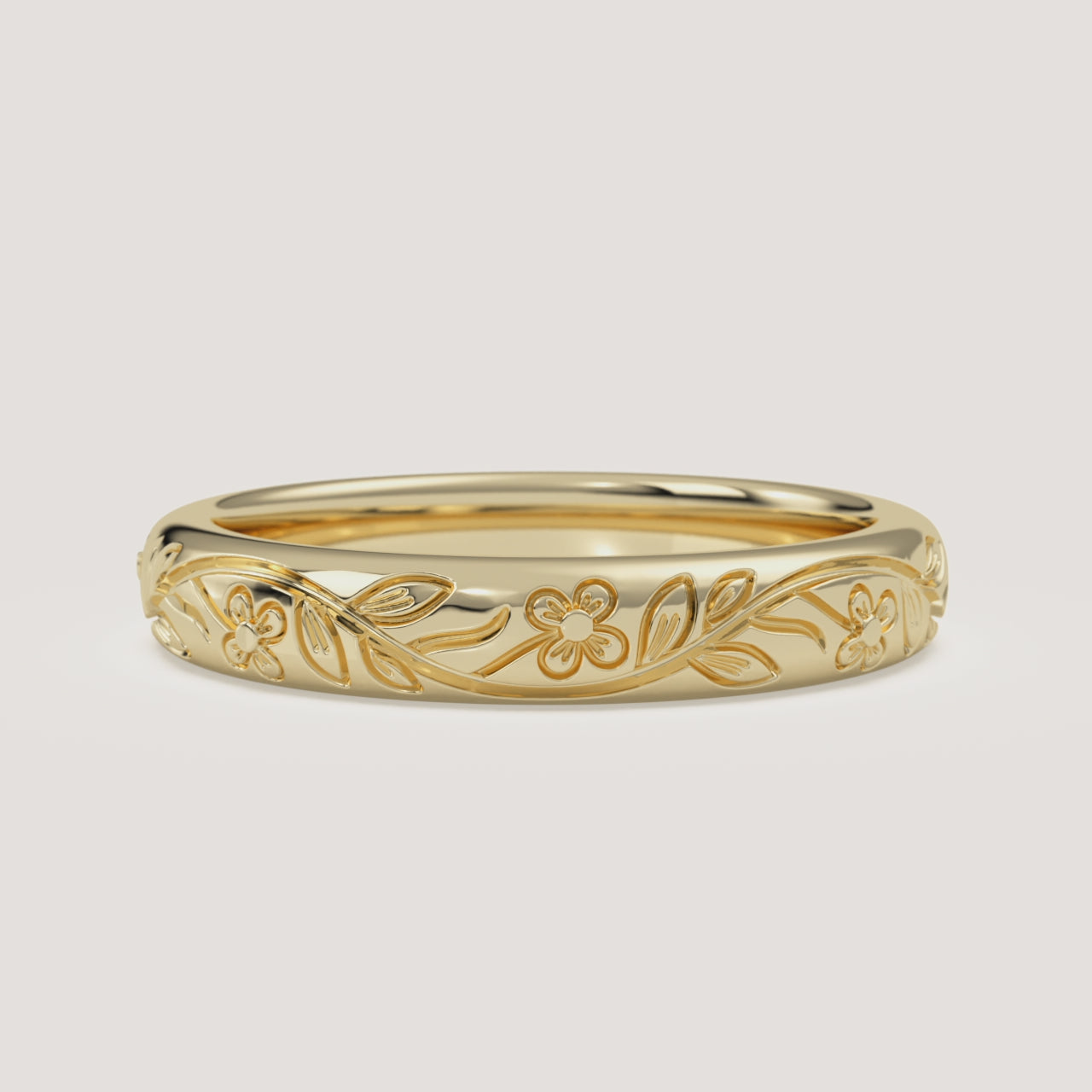 Floral Engraved Wedding Band in 14k Yellow Gold (360° video)