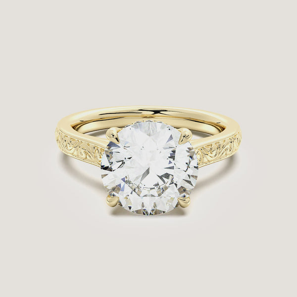 Round Engraved Cathedral Engagement Ring | 18k Yellow Gold