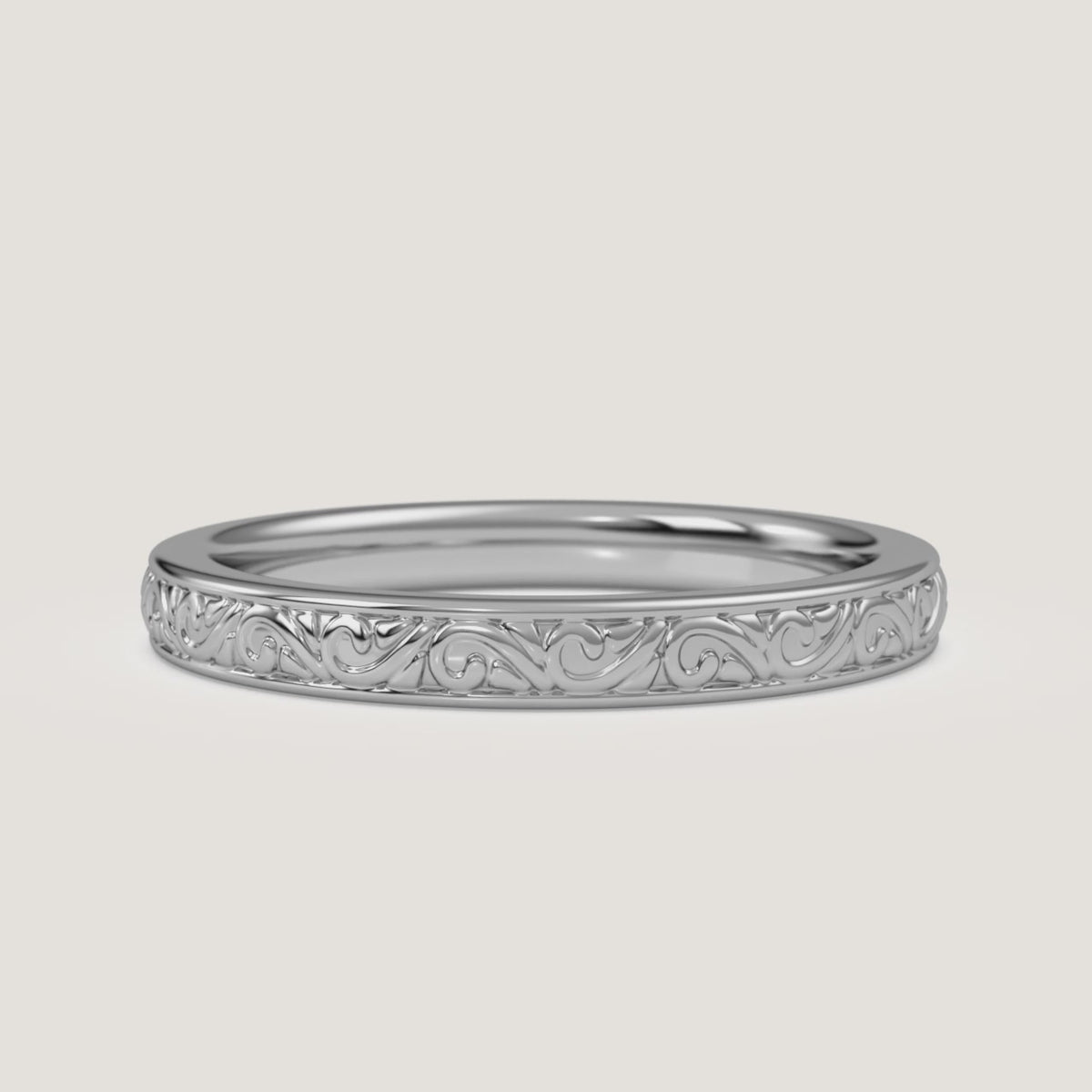 Scroll Engraved Wedding Band in 14k White Gold (360° video)