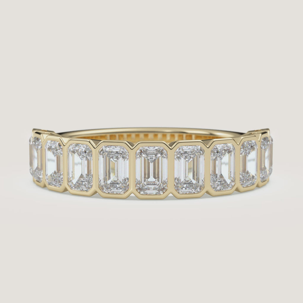 Emerald-Cut Bezel Half Eternity Band — 1.5 CTW in 14k Yellow Gold (360° video)
