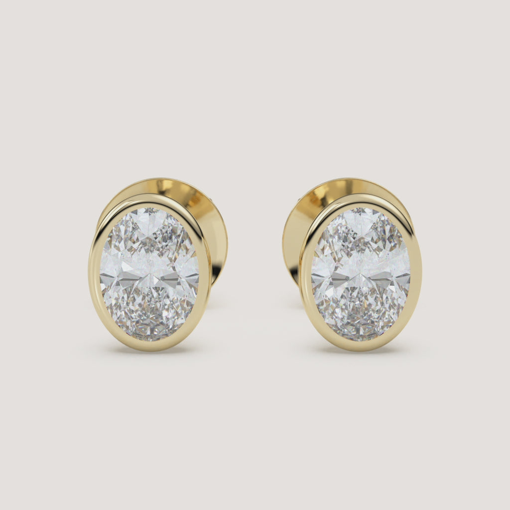 Oval Bezel Diamond Stud Earrings — 2 CTW in 14k Yellow Gold (360° video)