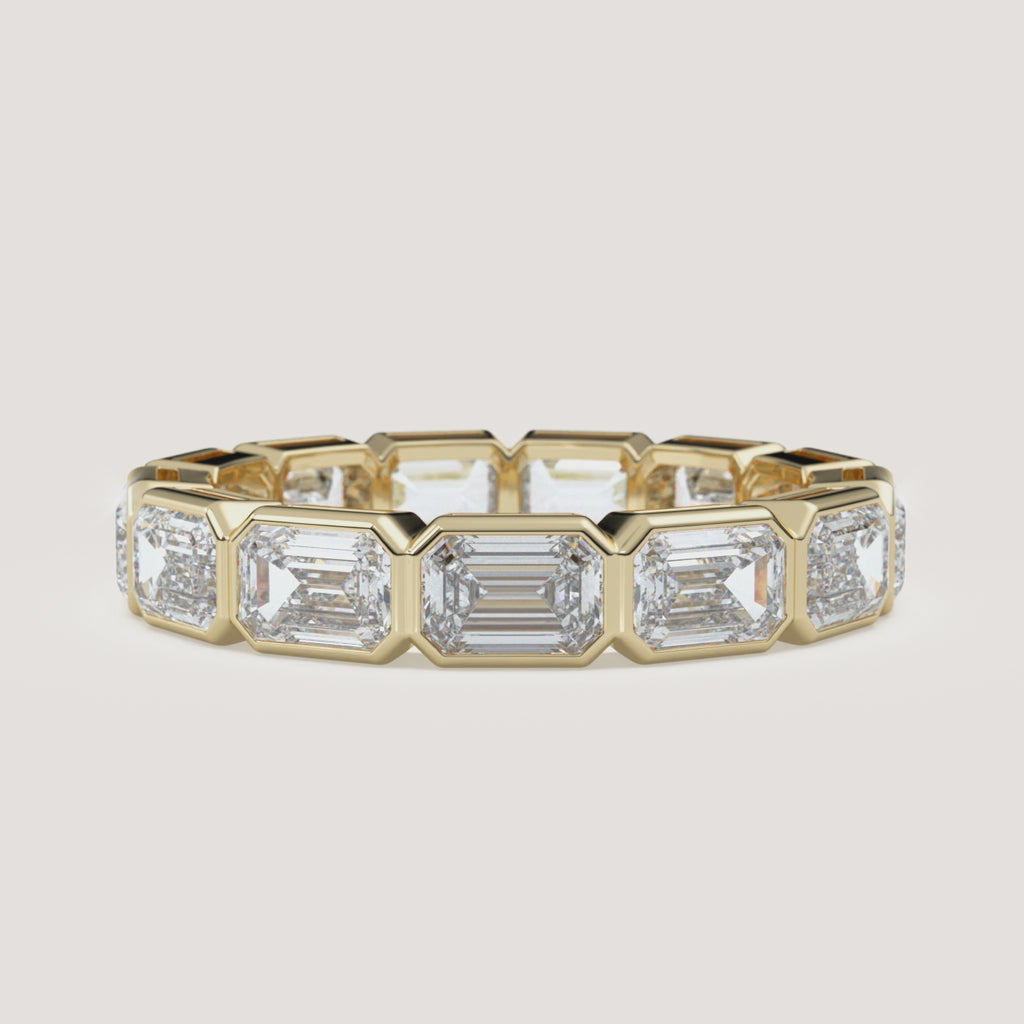 East-West Emerald-Cut Bezel Eternity Band — 3.5 CTW in 14k Yellow Gold (360° video)