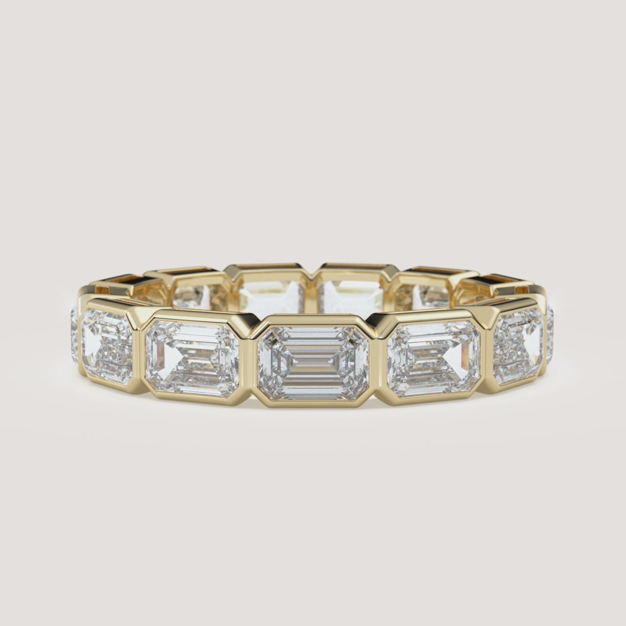 East-West Emerald-Cut Bezel Eternity Band — 3.5 CTW in 14k Yellow Gold (360° video)