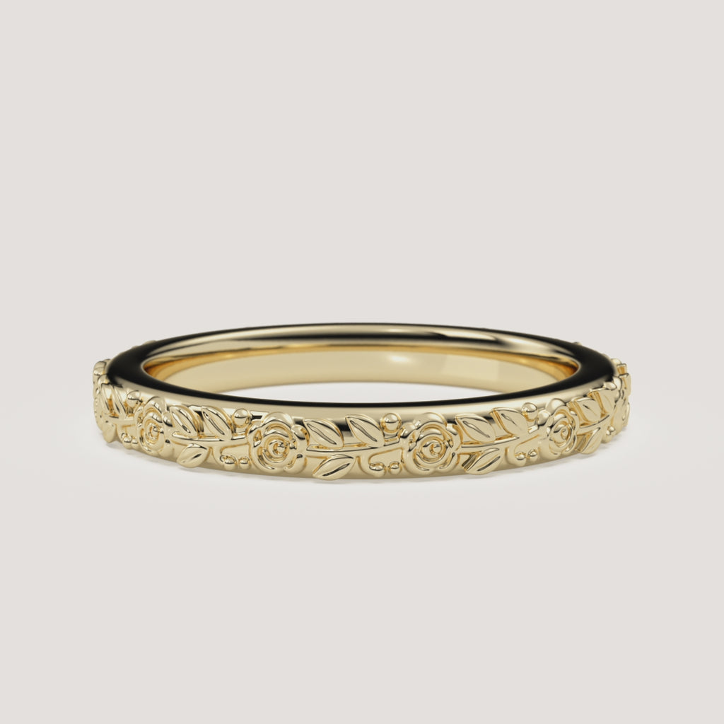 Sculpted Floral Wedding Band in 14k Yellow Gold (360° video)
