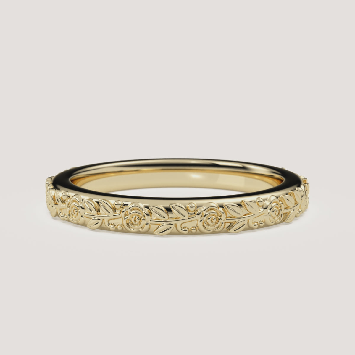 Sculpted Floral Wedding Band in 14k Yellow Gold (360° video)
