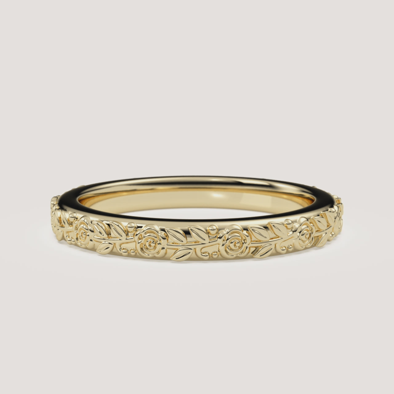 Sculpted Floral Wedding Band in 14k Yellow Gold (360° video)