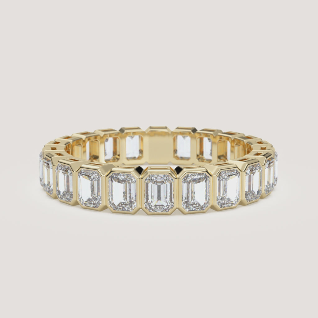 Emerald-Cut Bezel Eternity Band — 3 CTW in 14k Yellow Gold (360° video)