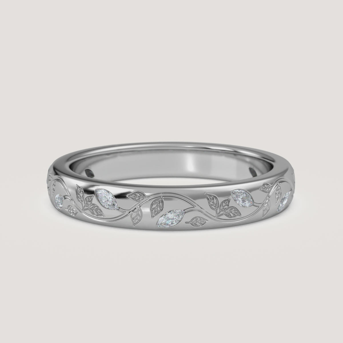 Vine Engraved Diamond Wedding Band in 14k White Gold (360° video)