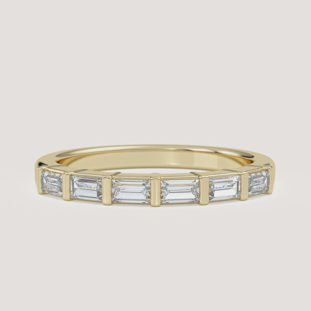 Bar-Set Baguette Wedding Band in 14k Yellow Gold (360° video)
