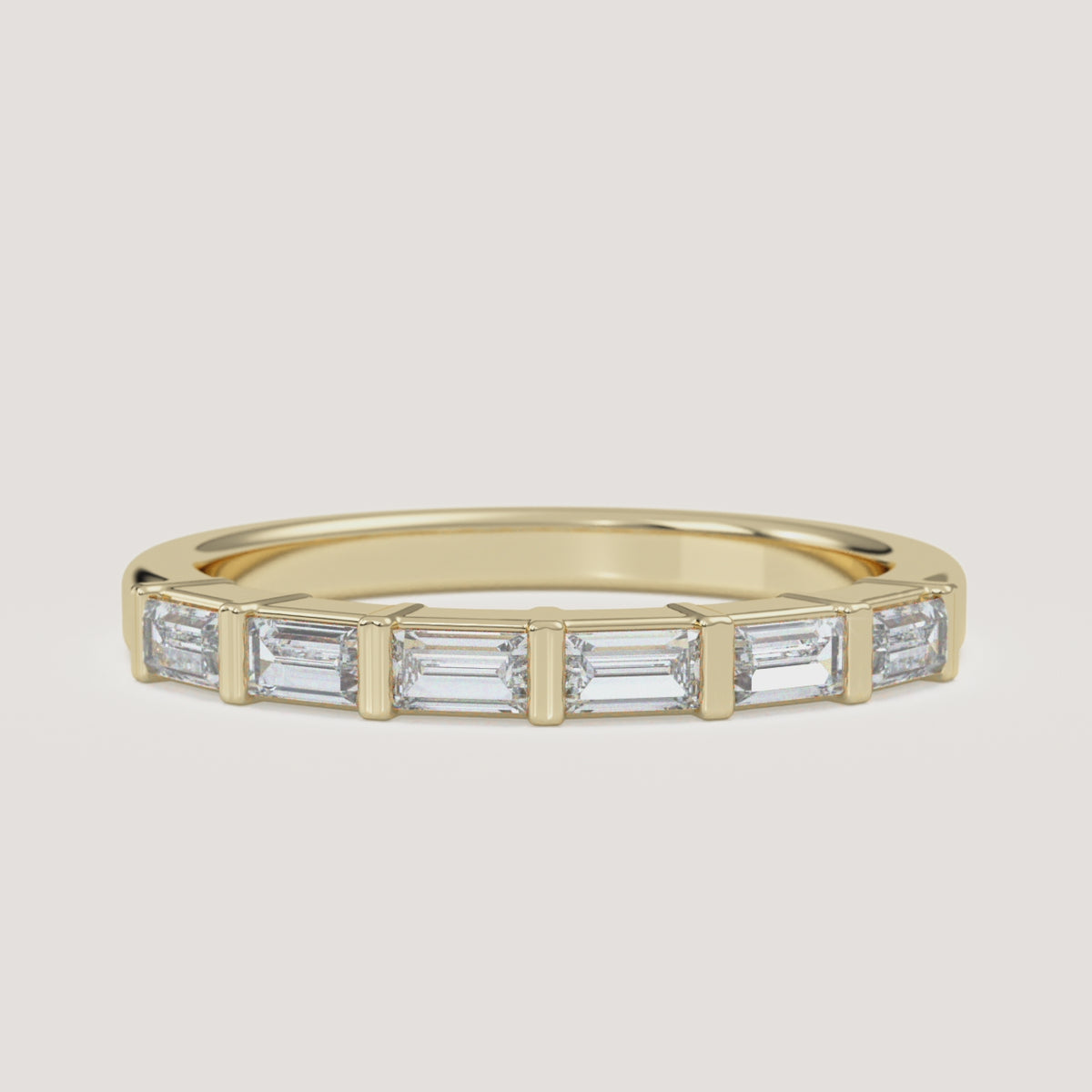 Bar-Set Baguette Wedding Band in 14k Yellow Gold (360° video)