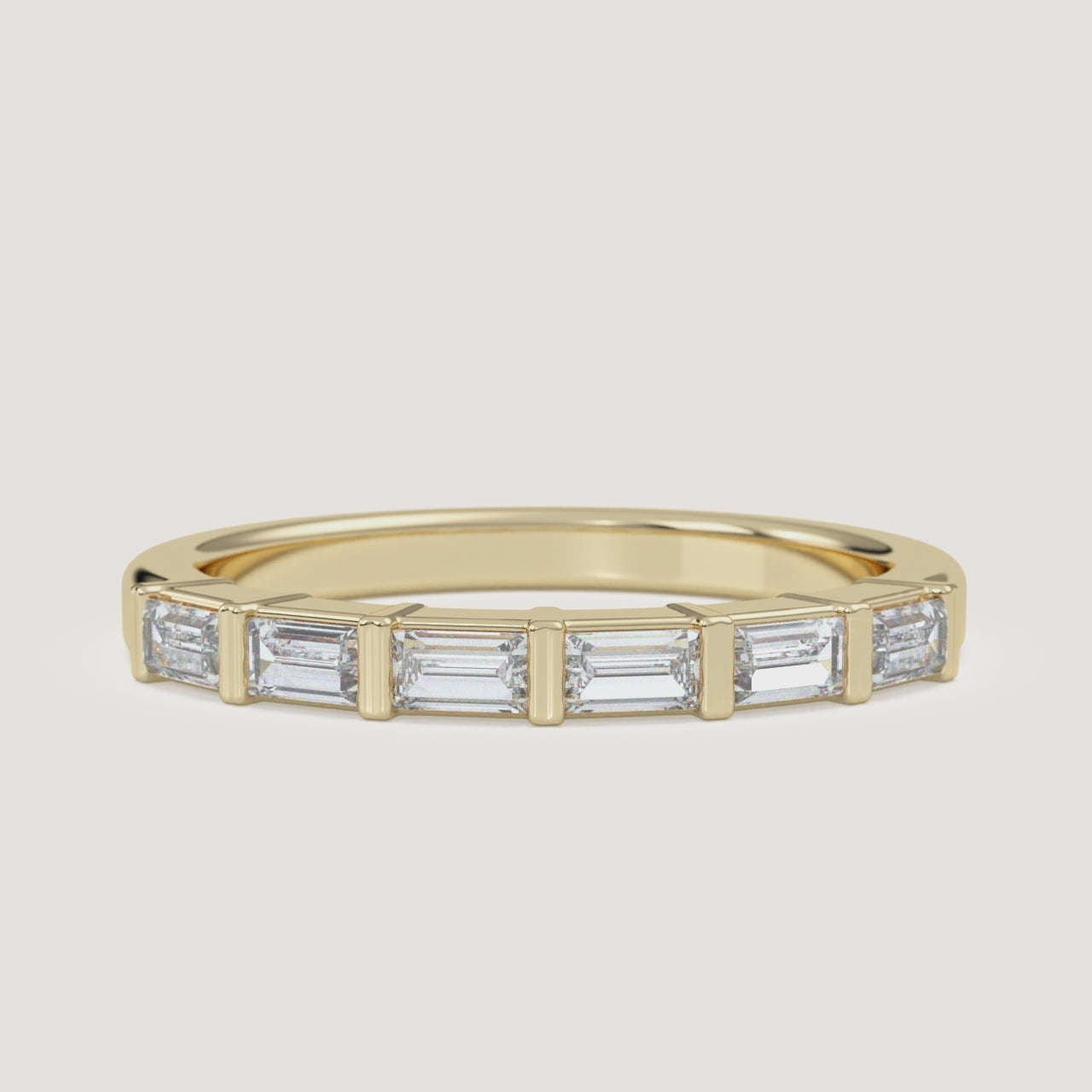 Bar-Set Baguette Wedding Band in 14k Yellow Gold (360° video)