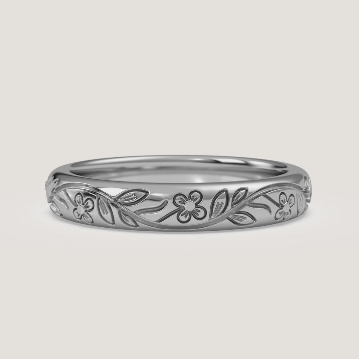 Floral Engraved Wedding Band in 14k White Gold (360° video)