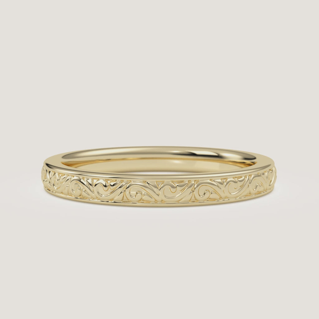 Scroll Engraved Wedding Band in 14k Yellow Gold (360° video)