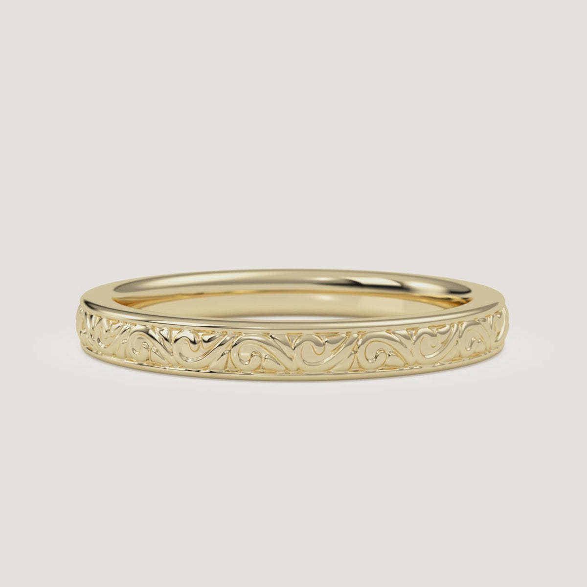 Scroll Engraved Wedding Band in 14k Yellow Gold (360° video)