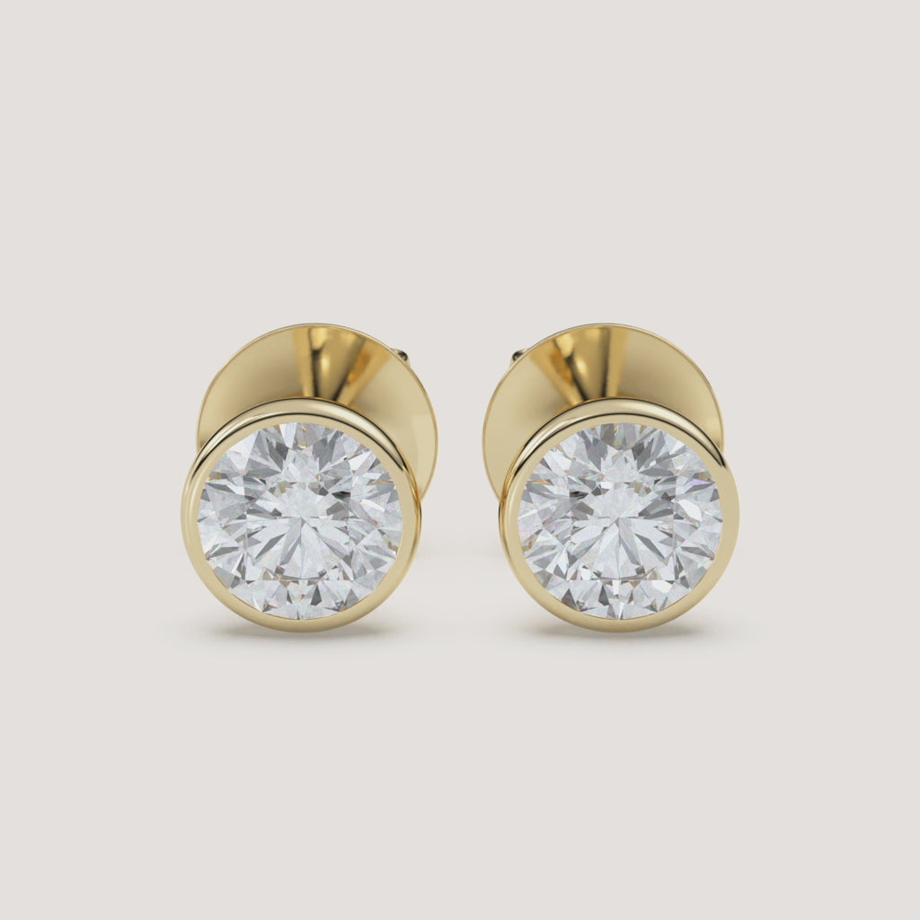 Round Bezel Diamond Stud Earrings — 2 CTW in 14k Yellow Gold (360° video)