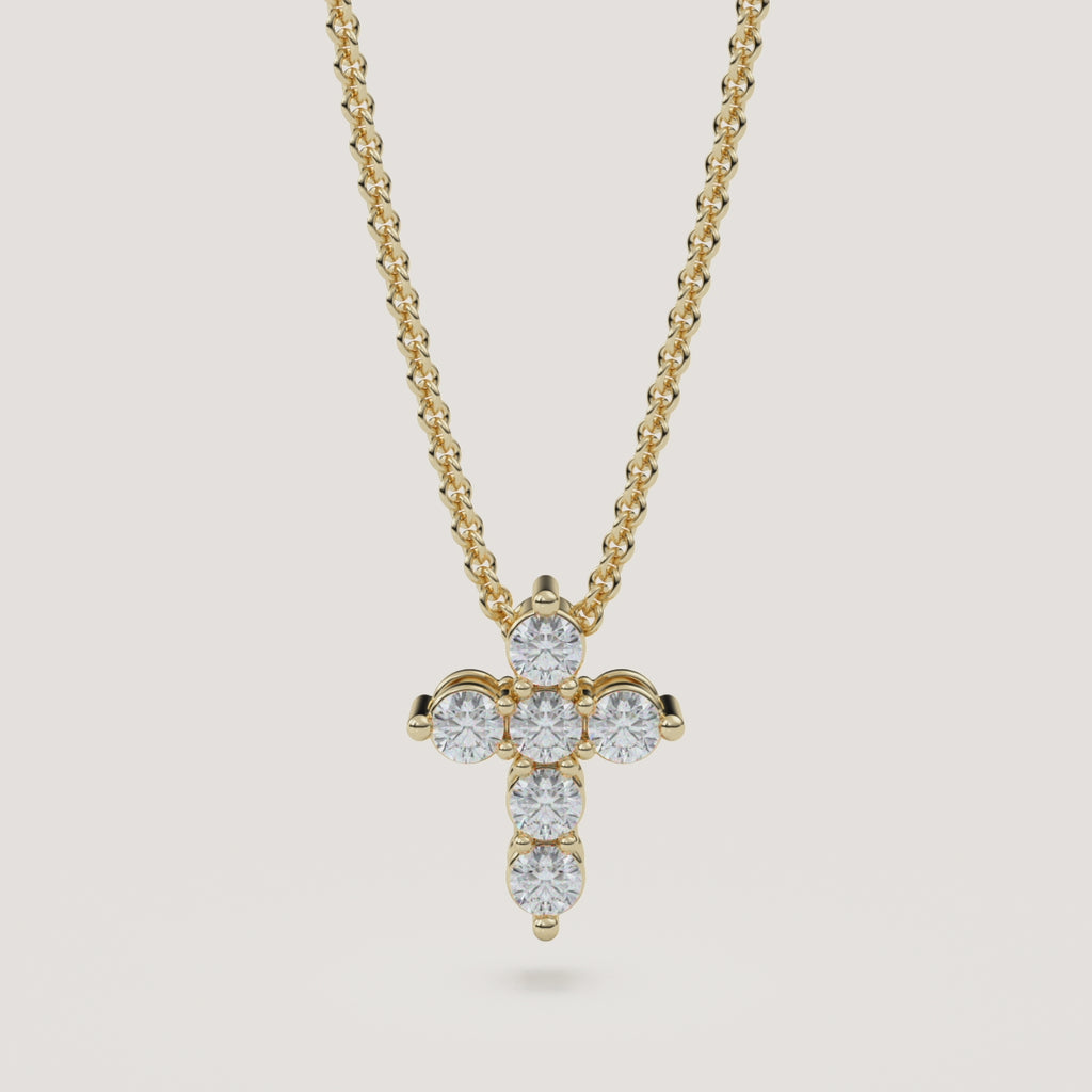 Extra-Petite Pavé Diamond Cross Necklace in 14k Yellow Gold (360° video)